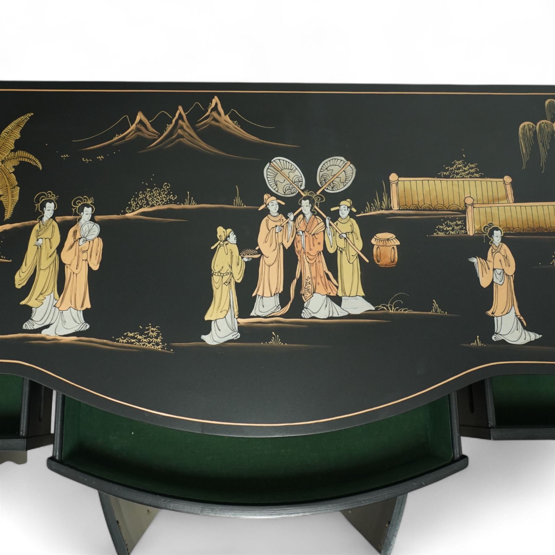 Late 20th century Chinese black lacquered sideboard, serpentine front fitted with three baize-lined drawers over four panelled cupboard doors, decorated throughout with gilt and polychrome figural and landscape scenes, on shaped apron and bracket feet 