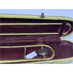 Skylark brass two-piece trombone, in fitted case with mouthpiece