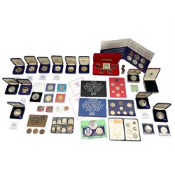 Coins and medallions including 1981 and 1982 coinage of Great Britain and Northern Ireland proof sets, Isle of Man 1981 diamond finish four coin set, cased medallions by The Tower Mint, small number of reproduction coins, empty box for a Falkland Islands coin etc