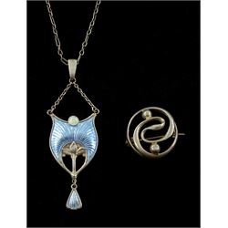 Early 20th century silver and blue enamel pendant by Charles Horner, Chester 1912, on silver chain with barrel clasp and one other silver brooch by Charles Horner, hallmarked (2)