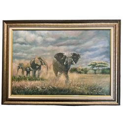 James Lishman (British 1931-2024): 'The Charge' Elephants, oil on board signed, titled verso 60cm x 90cm 
