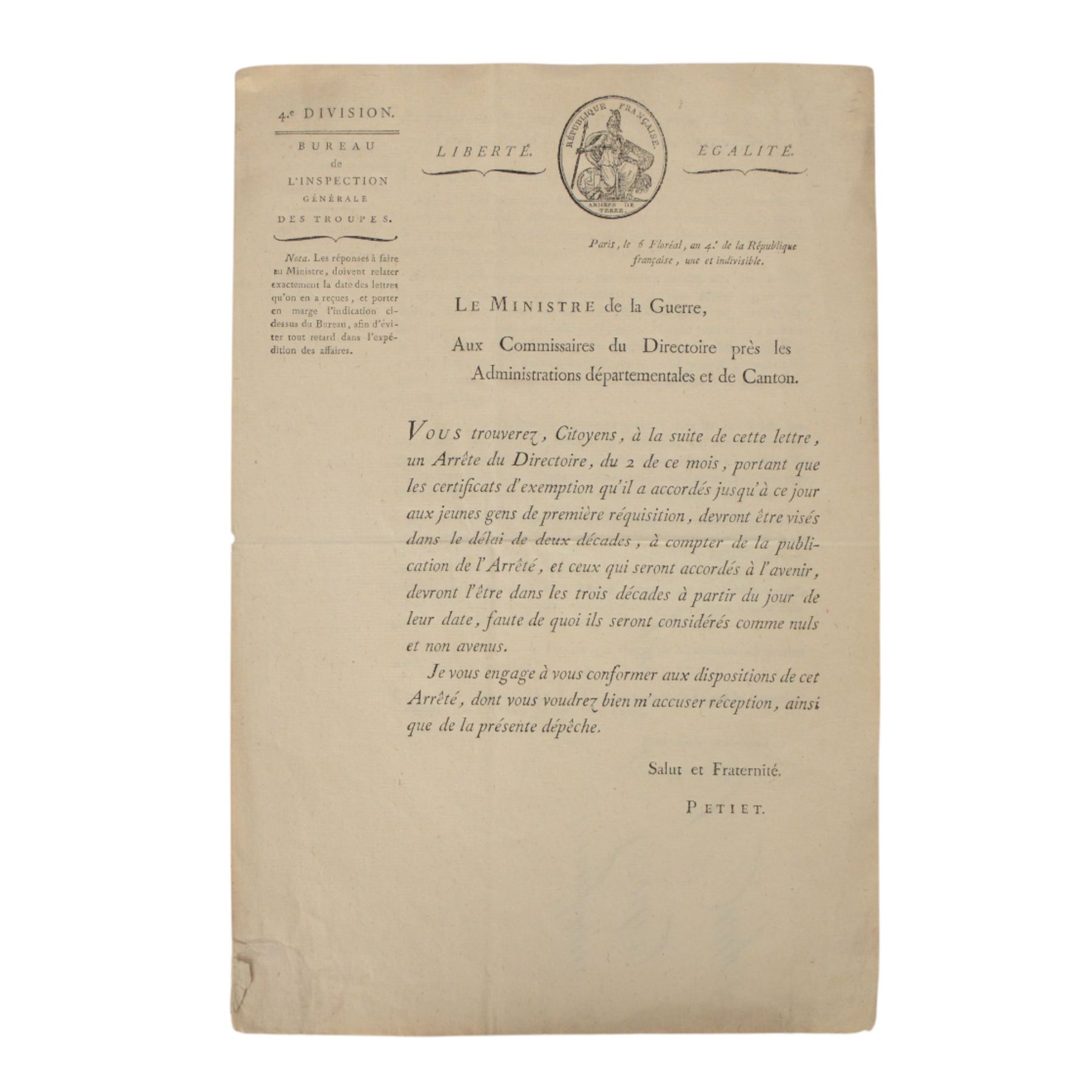 Napoleonic Ministry of War Decree issued by Claude Petiet 