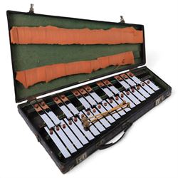 Ajax Boosey & Hawkes metal glockenspiel with black wooden frame, wooden beaters, in hard carry case
