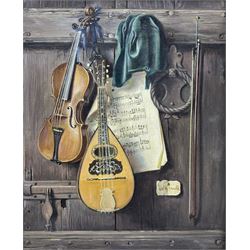Walter Benoldi (Italian 1914-1985): Trompe L'œil Musical Instruments, oil on canvas signed 34cm x 27cm