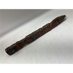 Tribal Art - an African axe, possibly Yoruba, the bone shaft carved as two cord bound stylised figures with iron fan-shaped blade, L35cm overall; and 19th century harpoon or spear head of square section with two long fixing arms on cut-down ash shaft L57cm (2)