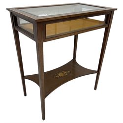 Edwardian Revival inlaid mahogany bijouterie display table, hinged bevel glazed lid within mahogany frame with satinwood band, on square tapering supports united by undertier inlaid with flowers 