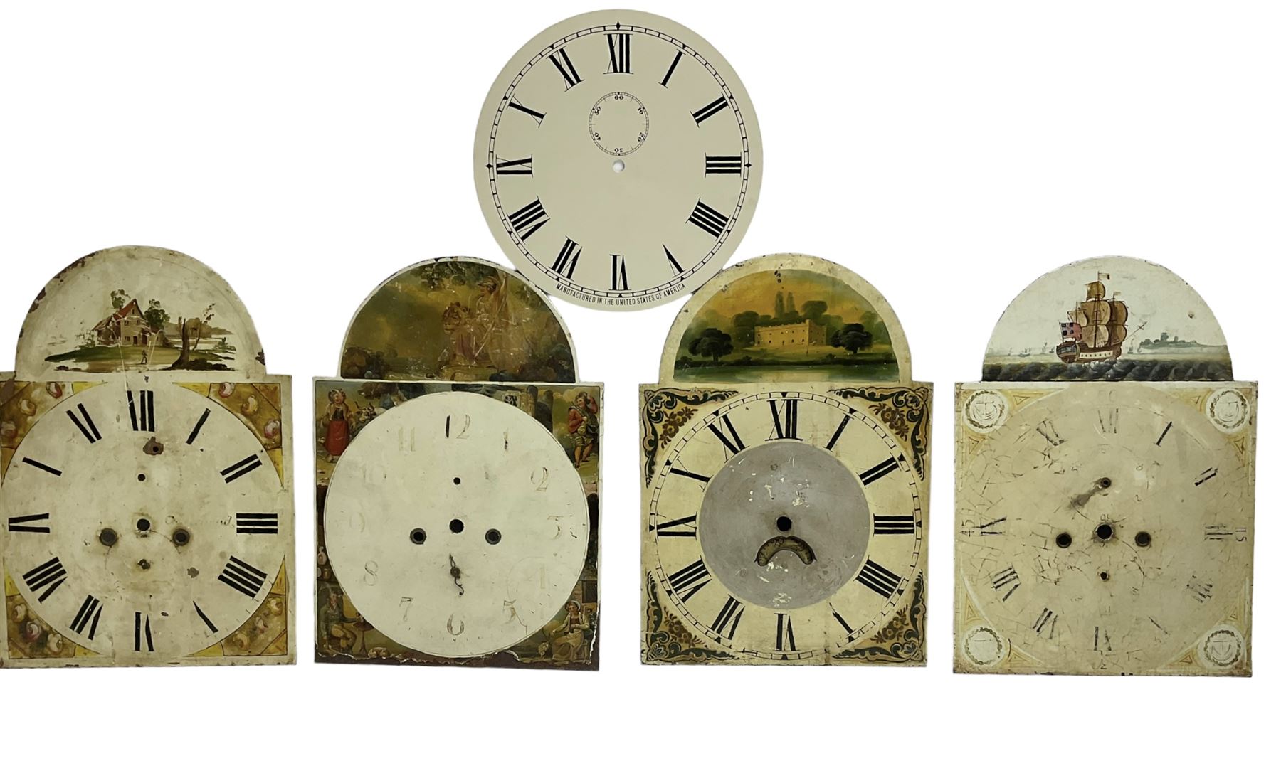 Four 13” painted 19th-century break arch longcase clock dials with one circular 12” American wall clock dial, plus two 11” and one 10” 18th-century brass longcase dials.