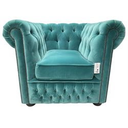 Sofas by Saxon - Chesterfield shape armchair, upholstered in buttoned aqua blue velvet fabric