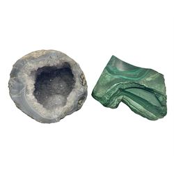 Blue lace agate geode, together with a raw malachite with one polished edge, geode H10cm