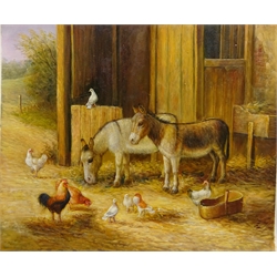  Goats, Donkeys, Hens and Birds in a Farmyard Setting, three 20th century oils on canvas unsigned max 52cm x 63cm unframed (3)  