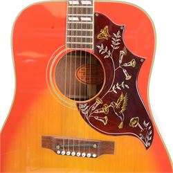 1968 Gibson Hummingbird acoustic guitar, with sunburst finish, serial no. 500460, inlaid mother of pearl fret markers, inlaid pick guard, bound fingerboard and sides, original adjustable bridge, original tuning pegs, contained within hard case, guitar length 104cm