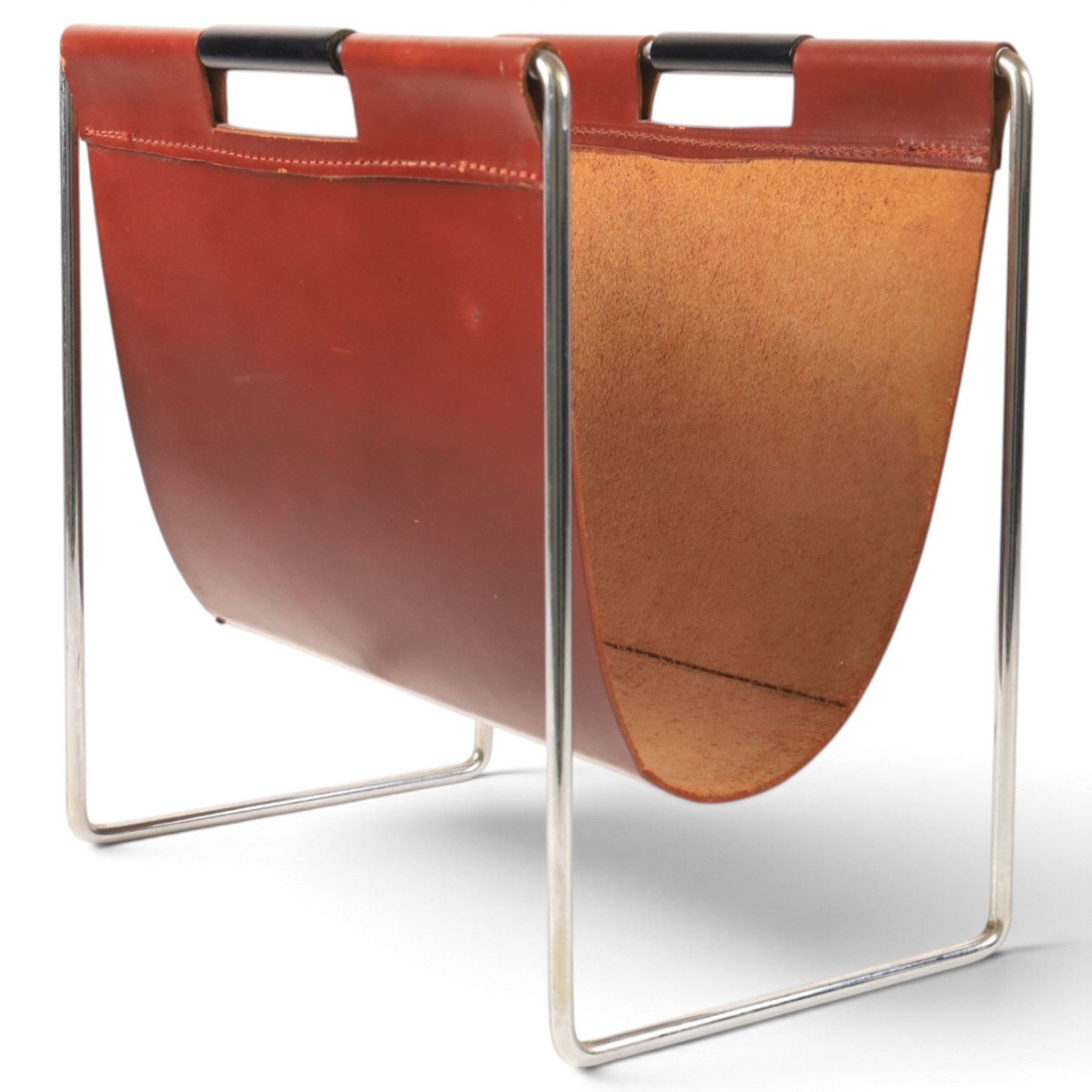 Van Elderen for Brabantia - mid 20th century, chrome and slung leather magazine rack