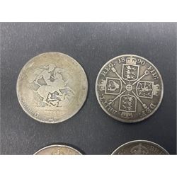 Queen Victoria 1889 silver crown coin, two double florins dated 1887, 1890 and a George III crown with illegible date (4)