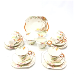  1930s Shelley tea service decorated with a woodland scene in the Regent shape comprising six trios, cake plate, sugar bowl and milk jug   