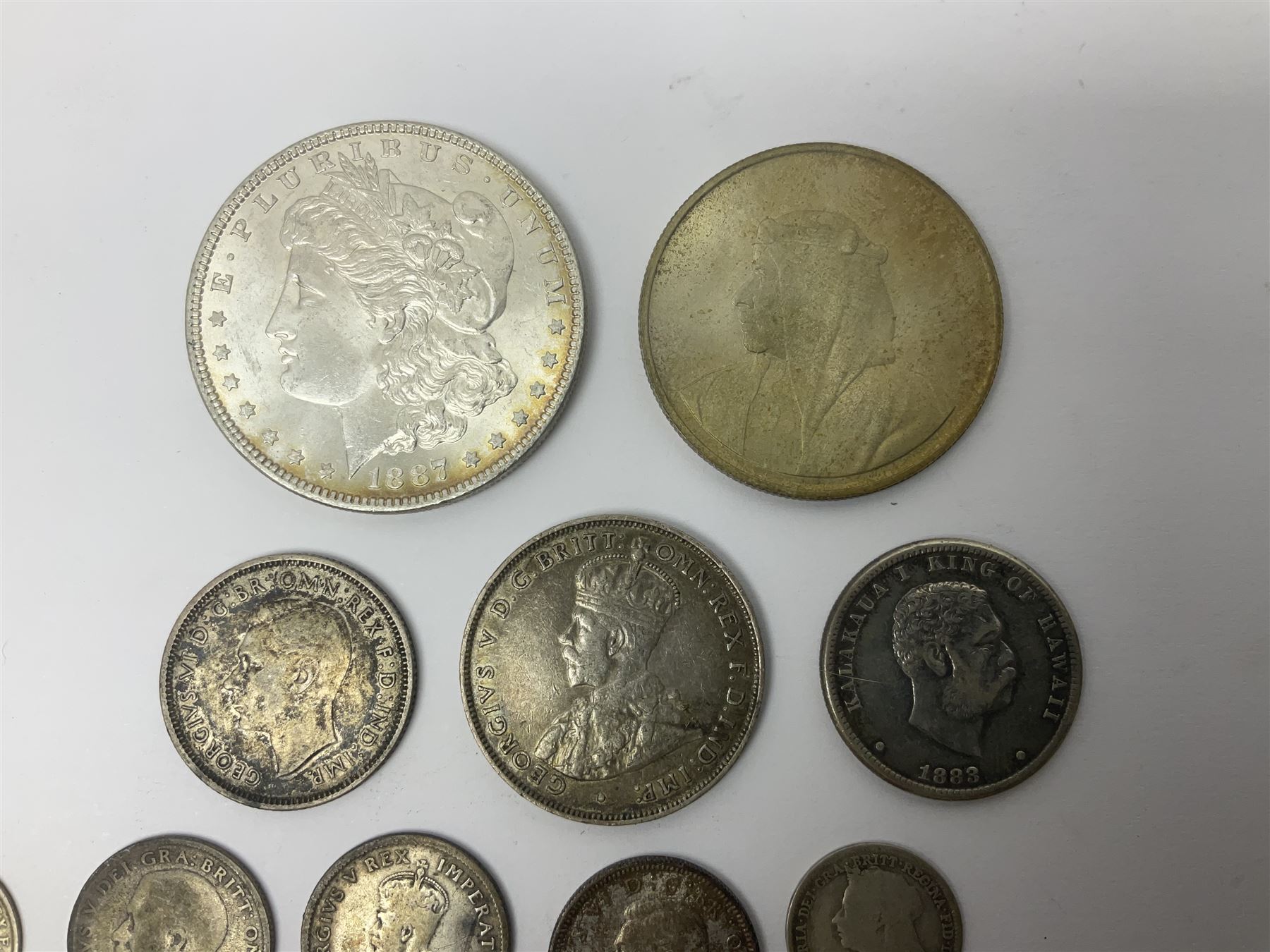 King George V British West Africa 1916 two shillings coin, King George VI Australia 1943 shilling, United States of America 1887 Morgan dollar, Bahrain 1968 500 fils silver coin, Maria Theresa restrike thaler and other coinage 
