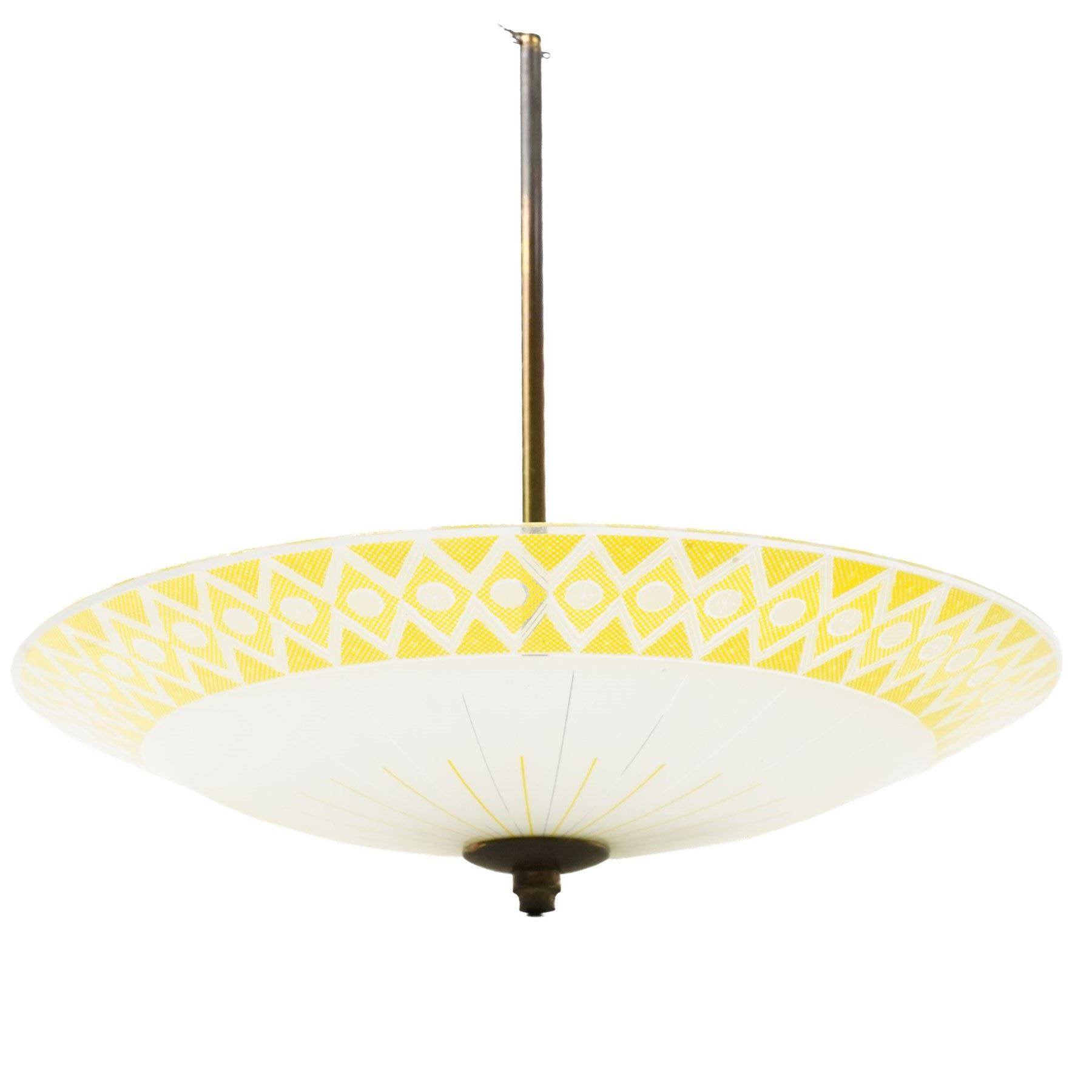 1960s yellow and white glass umbrella chandelier, with brass suspension rod and three lightbulb sockets, Light D47cm, Rod H43.5cm