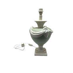 Sage green table lamp with white ribbon decoration, H50cm
