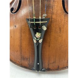19th century full sized violin in a later hard case, decorative mother of pearl inlay to the tail piece Overall length 60cm No bow