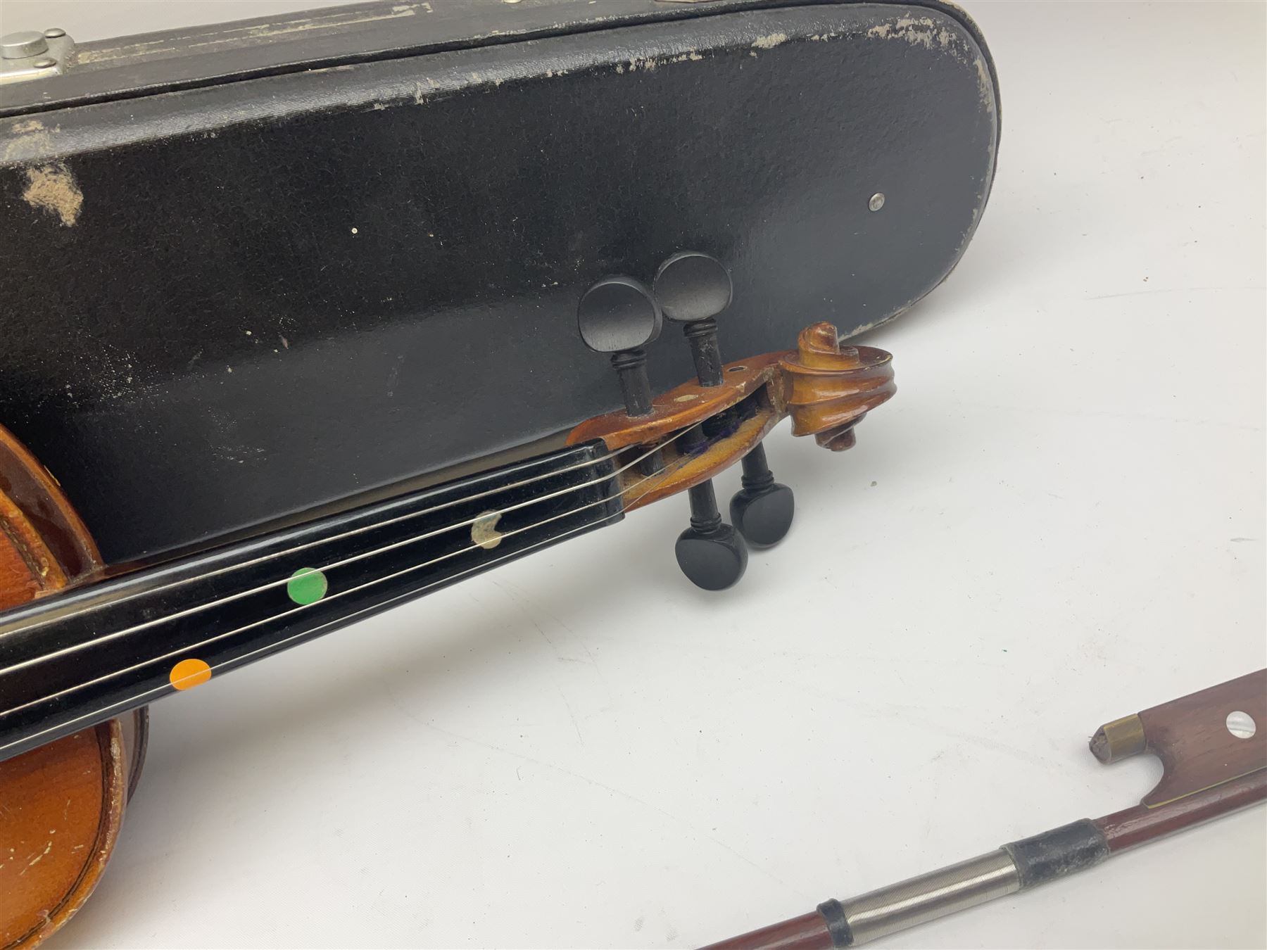 Skylark childs violin and bow, case, together with two other bows, an acoustic guitar and German Auto-Harps zither with floral decoration.   