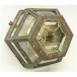  Early 20th century hexagonal gilt metal ceiling light with laurel leaf moulded border inset with bevelled glass panels, D30cm  
