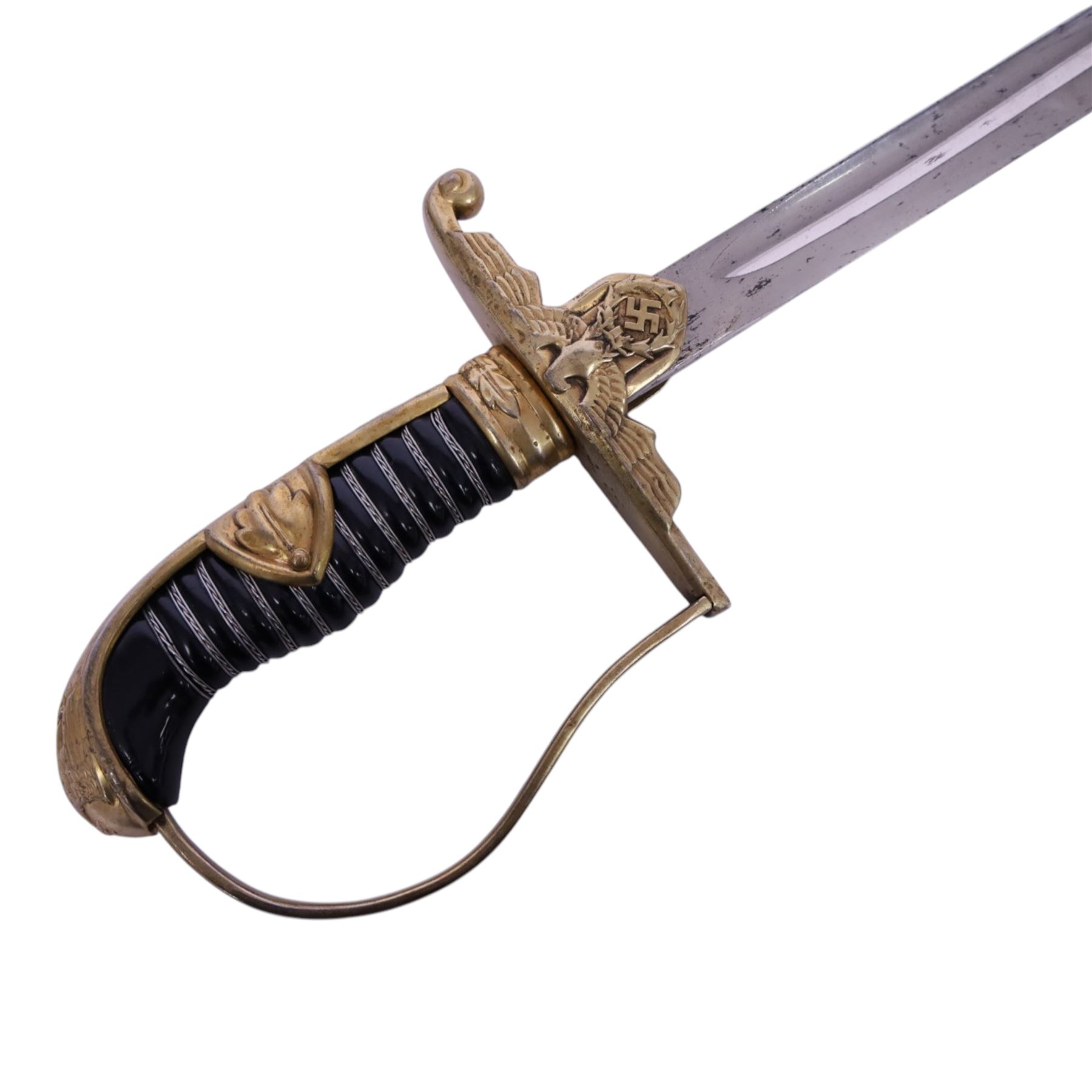 WWII German Army Prinz Eugen Pattern Officers Dress Sword by Carl Eickhorn, the 76cm slightly curving fullered blade with makers name to the ricasso, with gilt brass grip with eagle to the crossguard, guard with relief of oakleaves, Prinz Eugen style down winged eagle to the pommel of the backstrap, in original black painted scabbard with single hanging ring, overall L94cm