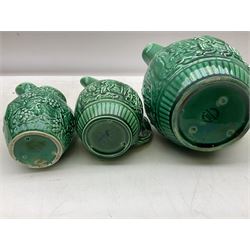 Three Wedgwood Of Etruria majolica jugs together with three majolica dishes