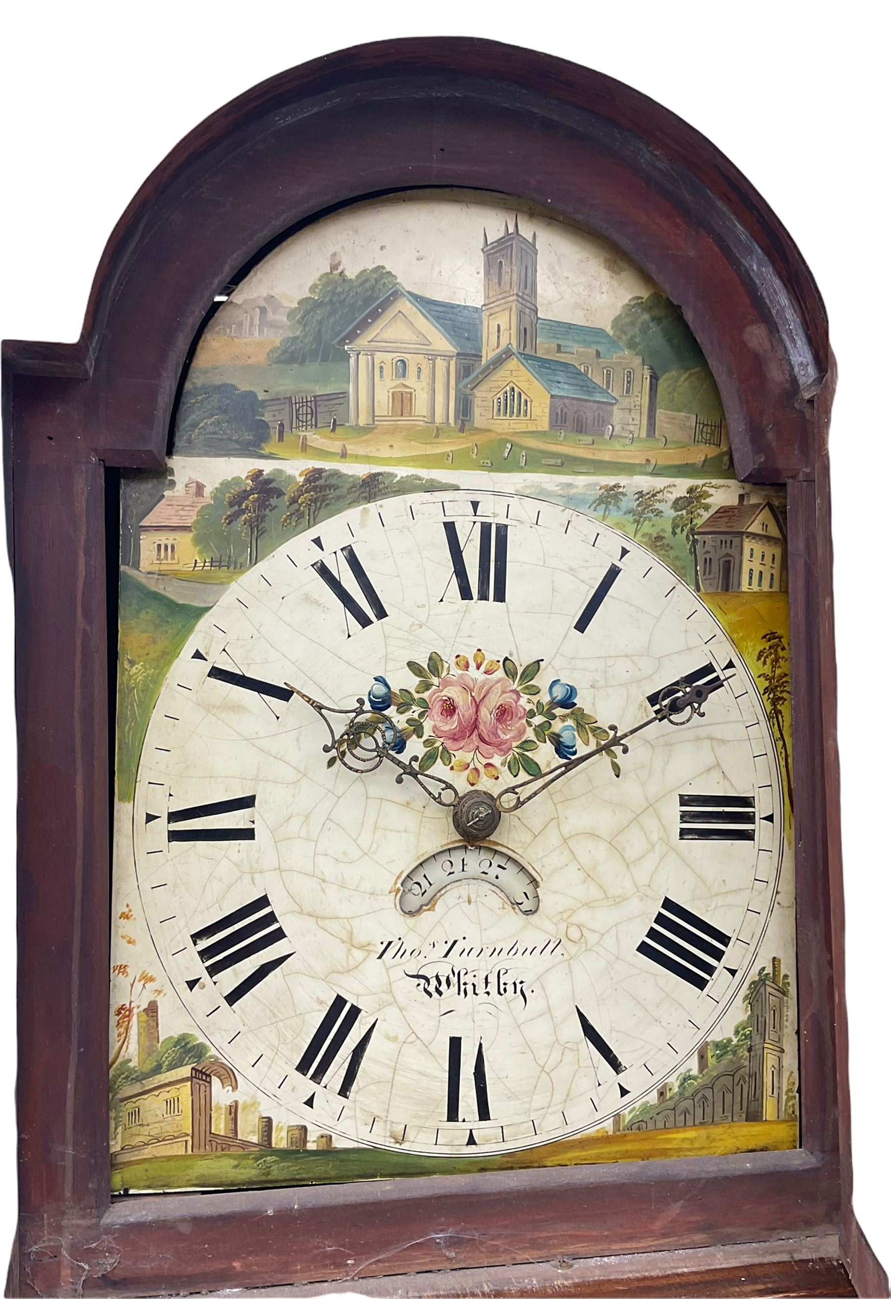 A 19th century Oak and Mahogany 30hr longcase clock retailed by “Turnbull of Whitby” with a tall swans neck pediment, brass ball and spire finial and two stamped brass paterae, glazed break-arch door flanked by two turned pillars, full-length wavy -topped trunk door on a rectangular base with applied shaped skirting, chain driven outside countwheel movement striking the hours on a cast bell, with a painted dial pinned directly to the movement, the arch depicting a country church, with a conforming ruin, country house and cottages to the spandrels, dial drawn with Roman numerals and minute markers with matching stamped brass hands, semi-circular date aperture and date ring behind. With weight and pendulum. 
The Turnbull family of Whitby clockmakers are recorded as working from Bridge Street, Whitby,  from 1784 to 1870.






