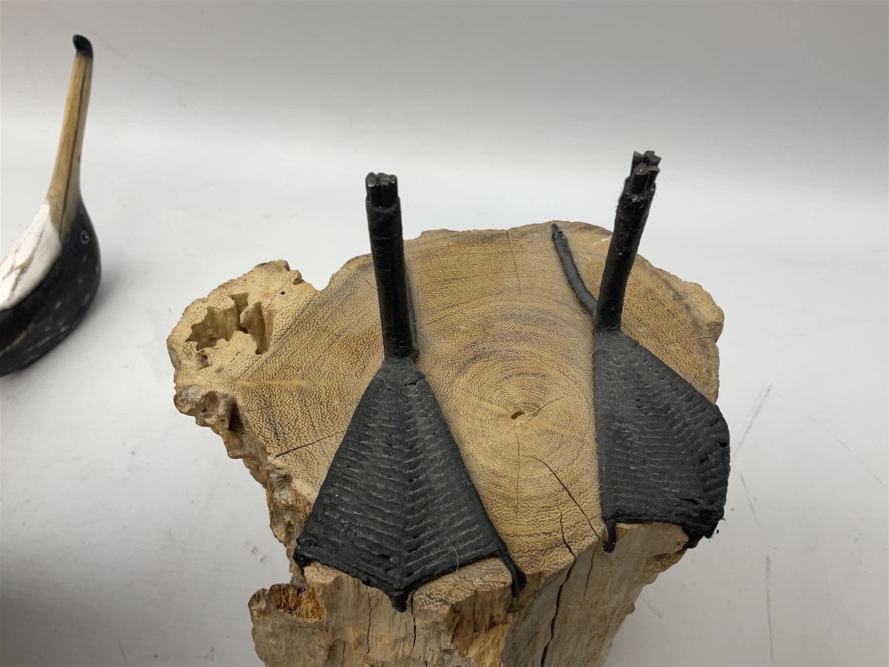 Wooden sculpture of Cormorant aquatic bird on a naturalistic wooden plinth, H46cm