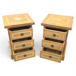 Barker & Stonehouse - contemporary flagstone and mango wood bedside cabinets, square top with inlaid flagstone, above three drawers with metal ring pull handles, raised on a plinth base with bracket feet