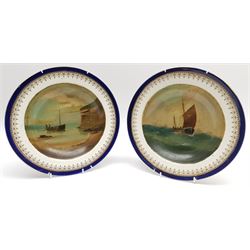 Edward King Redmore (British 1860-1941): Whitby Boats passing a Buoy, oil on canvas signed 16cm x 24cm; Low Tide and Yarmouth Sailing Boat, pair oils on Royal Doulton soup plates signed 19cm diameter (3)