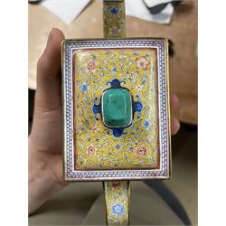 Chinese Qianlong enamel bombé shaped teapot, decorated with scenes of scholars examining a scroll and drinking on a yellow ground with various traditional floral and foliate motifs, the painted scene framed within trailing blue vine border, with Qianlong marks to base L15cm