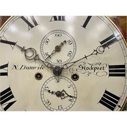 Nathaniel Dumville of Stockport - 8-day brass inlaid mahogany longcase clock c1840, swans neck pediment with ball and spire finials and wooden paterae, recessed break arch hood door flanked by rope twist pilasters, trunk with conforming pilasters and gothic ogee topped door, canted plinth raised on bracket feet, fully painted break arch dial with moon work and spandrels depicting the four seasons, centre with Roman numerals, minute track, subsidiary date and seconds dials, matching stamped brass hands, four pillar movement with an anchor escapement, rack striking on a bell. With weights and pendulum.
The Dumville family were prevalent Cheshire clockmakers working in Stockport 1820-42.
