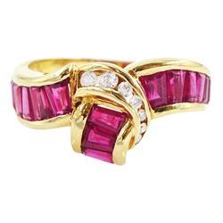 18ct gold ruby and diamond crossover ring, channel set with fifteen calibre cut rubies and...