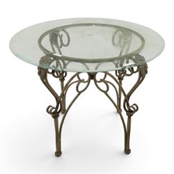 Wrought metal and glass table, with silvered foliate and scrolled design