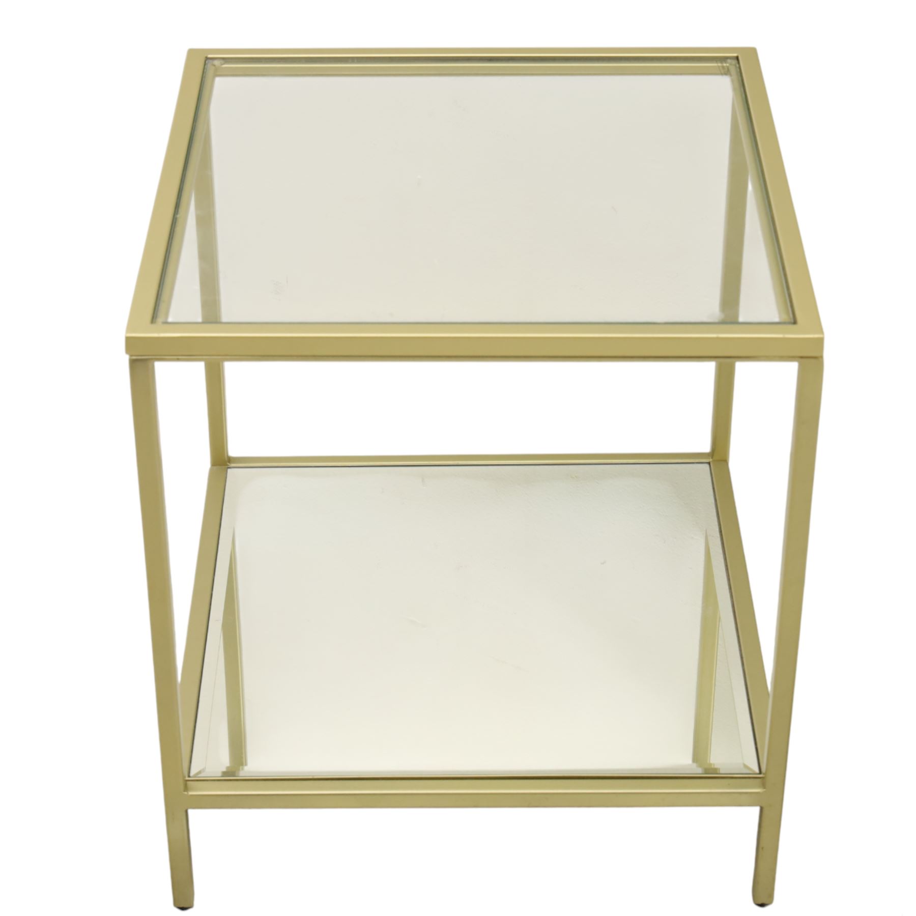 Modern pair of brass finish and glass bedside stands, each of square form with clear glass top, glazed sides and mirrored under tier, enclosed by a square section brass finish metal frame, raised on short square supports