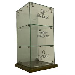 Counter top glazed display cabinet, with 'Rolex', 'Breitling' and 'Omega' logos, lockable with keys