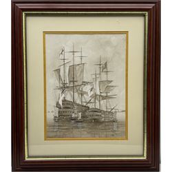 Ron Cooke (British 20th century): English Men o War at Anchor, sepia watercolour signed and dated '98, 44cm x 34cm