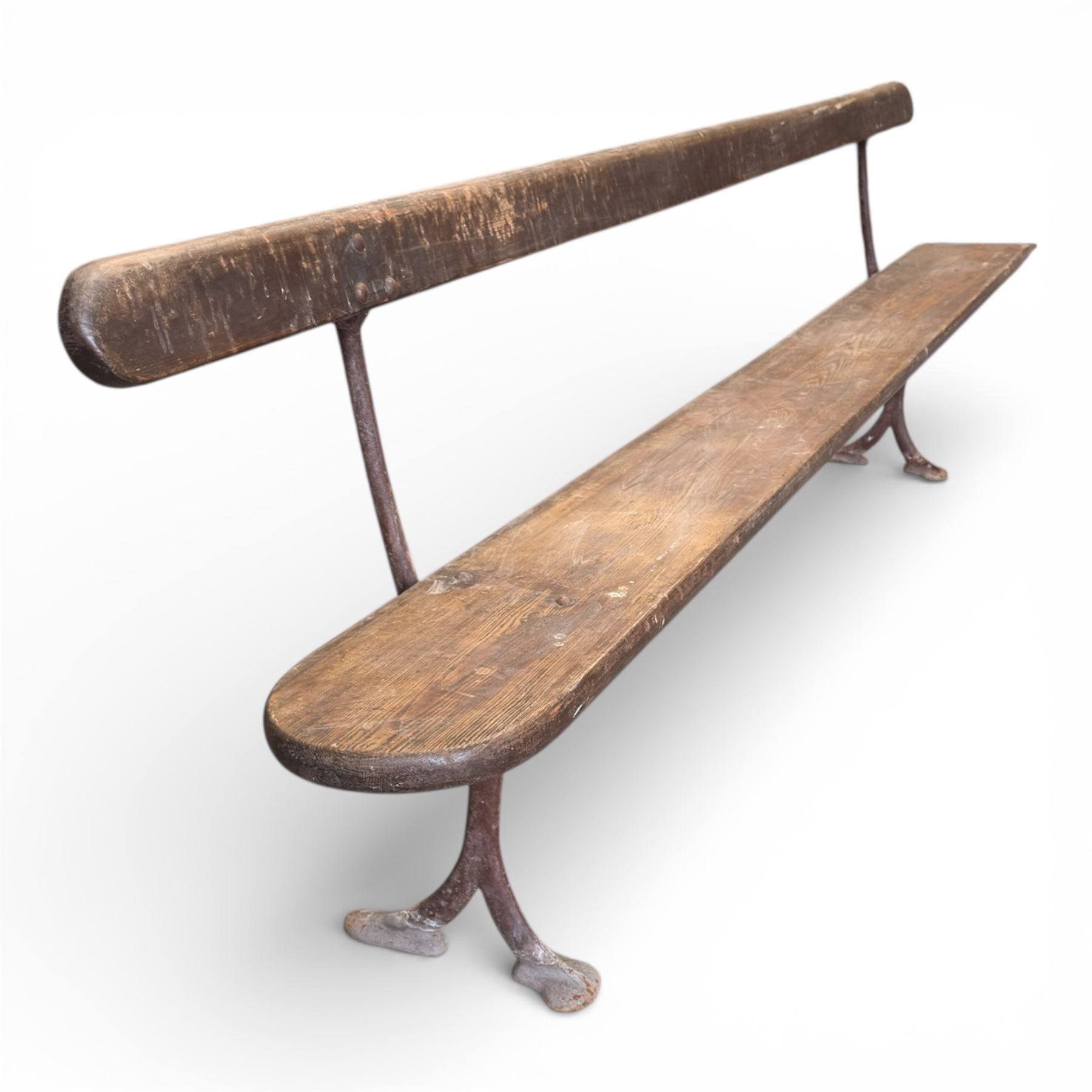 Early 20th century cast iron and painted wood bench, plank seat and back