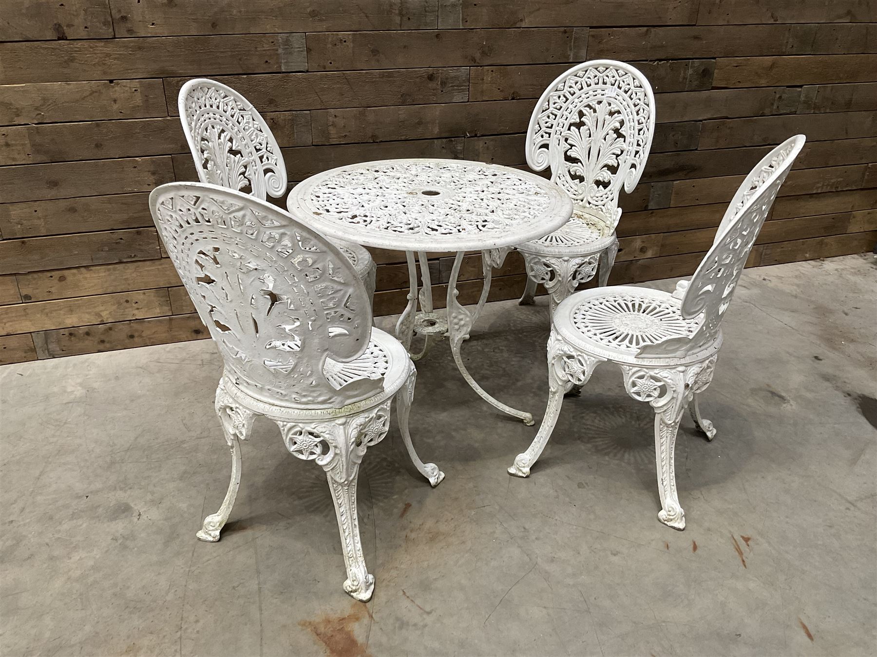 Victorian design white painted aluminium garden table, and four chairs