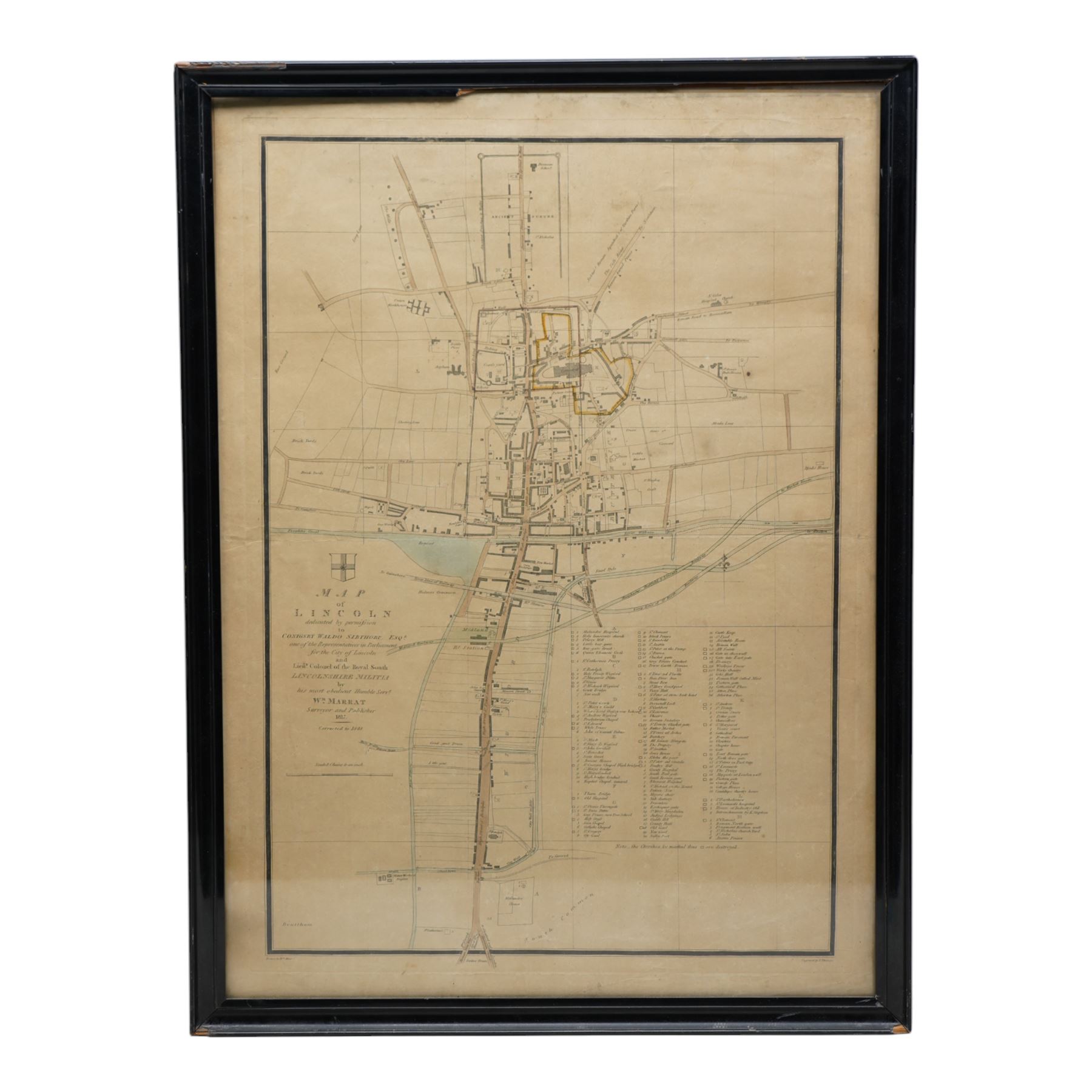 William Marrat (British 1772–1852): 'Map of Lincoln', 19th century engraved town plan with hand-colouring pub. c.1848, 60cm x 43cm
