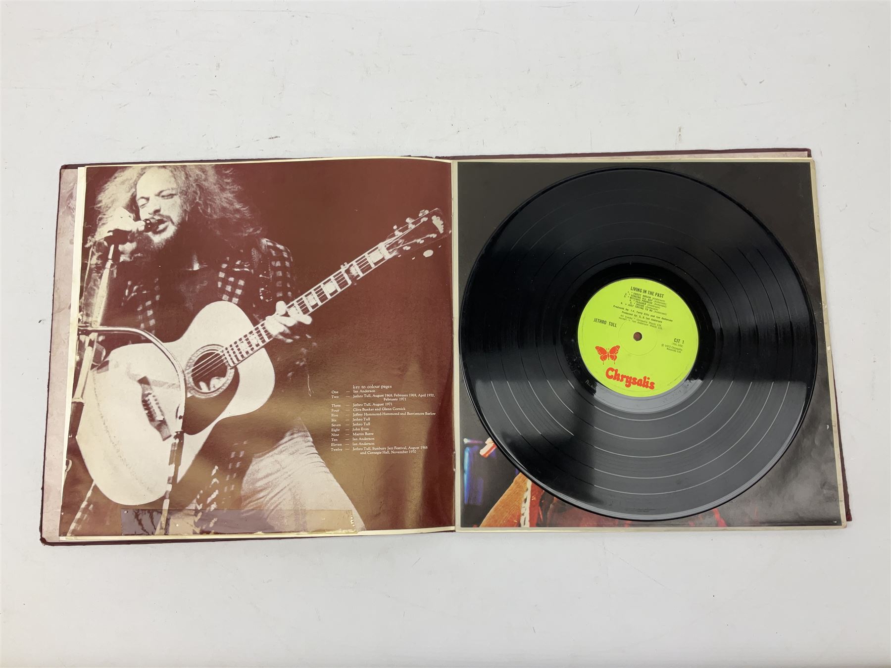Jethro Tull Living in the Past double vinyl long play LP record album with gatefold sleeve and booklet, released 1972 with green Chrysalis labels, together with Jethro Tull Benefit LP (ILPS 9123), with 1972 Chrysalis green label