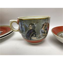 19th century Prattware table ware to include an oval footed dish decorated with a scene after Landseer 'Highland Music', retailed by James Muggleton L27.5cm, ‘The Truant’ plate after T. Webster, 'Blind Man's Buff' & 'Snap Dragon' tea plate, two side plates with malachite printed borders and others (17)