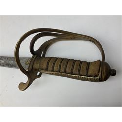 Early 20th century artillery officer's sword, the 88.5cm fullered steel blade  marked 'London Made', decorated with Royal cypher, Regimental details etc, three-bar hilt with domed pommel and wire-bound fish skin grip; in leather covered scabbard L106cm overall
