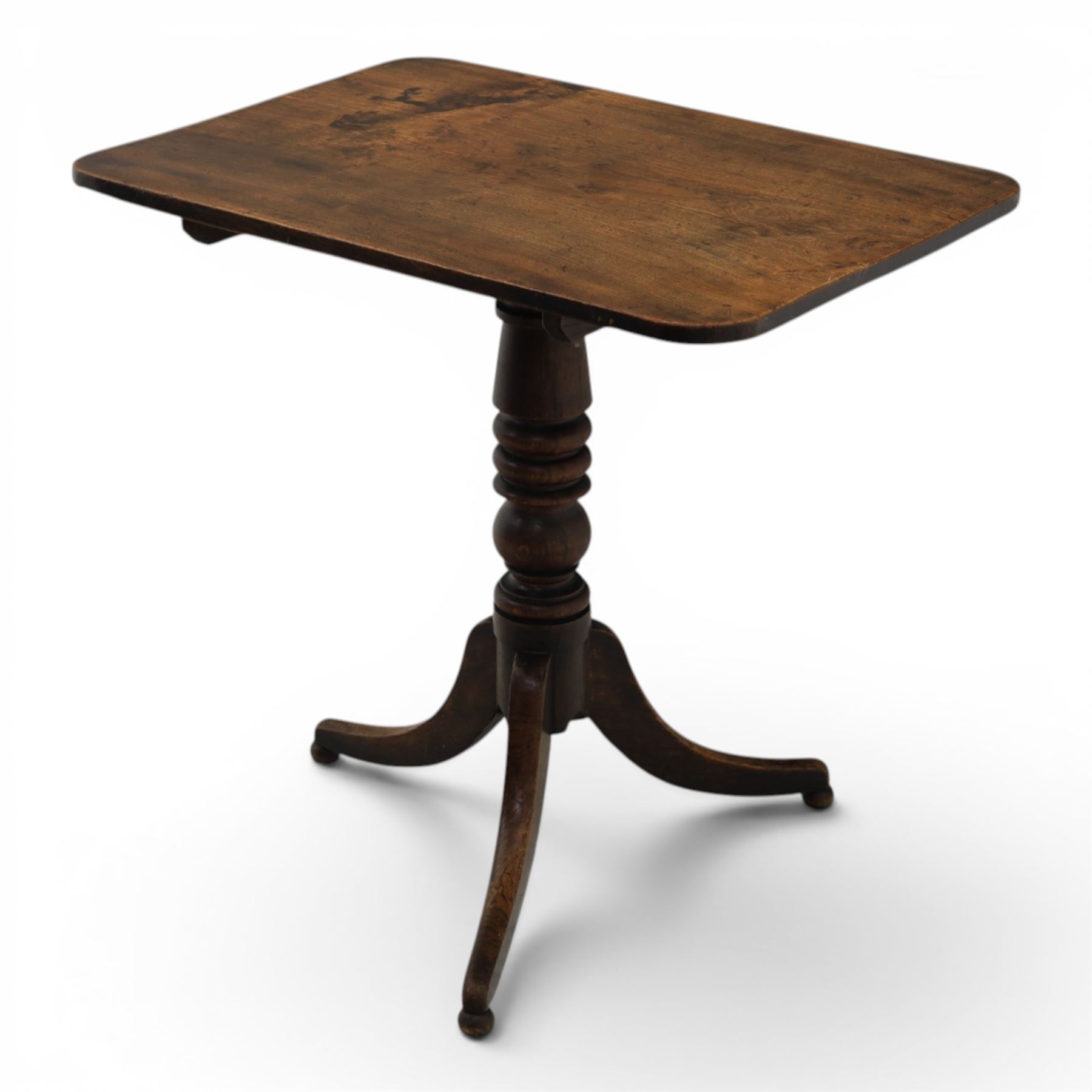 George III mahogany tripod table, rectangular tilt top, raised on a turned column, on splayed supports