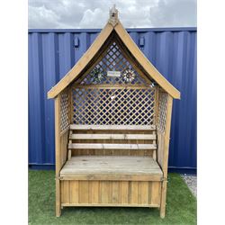 Pine garden seat with canopy top, hinged seat enclosing storage  - THIS LOT IS TO BE COLLECTED BY APPOINTMENT FROM DUGGLEBY STORAGE, GREAT HILL, EASTFIELD, SCARBOROUGH, YO11 3TX