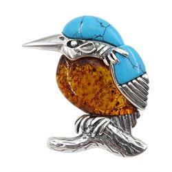 Silver amber and turquoise kingfisher brooch, stamped 925