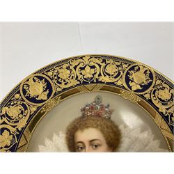 Three late 19th century Vienna cabinet plates, comprising two finely painted with quarter length portraits of female beauties to include Queen consort of France and Navarre, the third painted with a scene depicting a courting couple being rowed through Venice's waterways, all within burnished gilt and cobalt blue urn and floral scroll borders, all signed Wagner and with underglaze blue beehive and impressed marks and entitled Venedig, Marie de' Medici and Queen of Roses beneath, largest D26cm