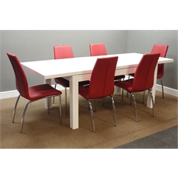  Gloss white extending dining table with two additional leaves (91cm x 151cm - 221cm (extended)), and six red leather upholstered chairs  