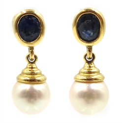  Pair of 18ct gold sapphire and pearl pendant earrings, hallmarked  