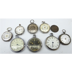  Five continental silver and enamel pocket watches and three  Ingersol chrome pocket watches  